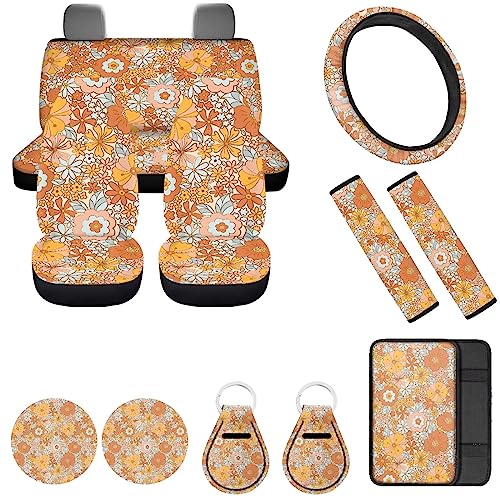 FUIBENG 12 Piece Hippie Car Accessories Set Retro 70S Flower Auto Seat Covers Full Set 15Inch Steering Wheel Cover Seat Belt Cover Center Console Armrest Pad Keyring Cup Holder Pad for Vehicels