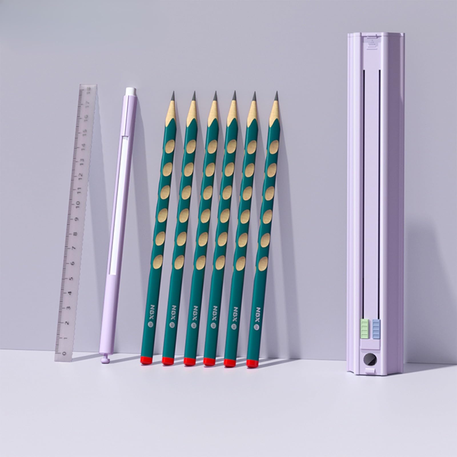 Pencils Case Kit with 6 Pencil, Hexagonal Pencil Box Set of 4, Multipurpose Portable Pen Case with Ruler Eraser and Detachable Pen Sharpener, Compact Design, Six Color Buttons to Choose Pen