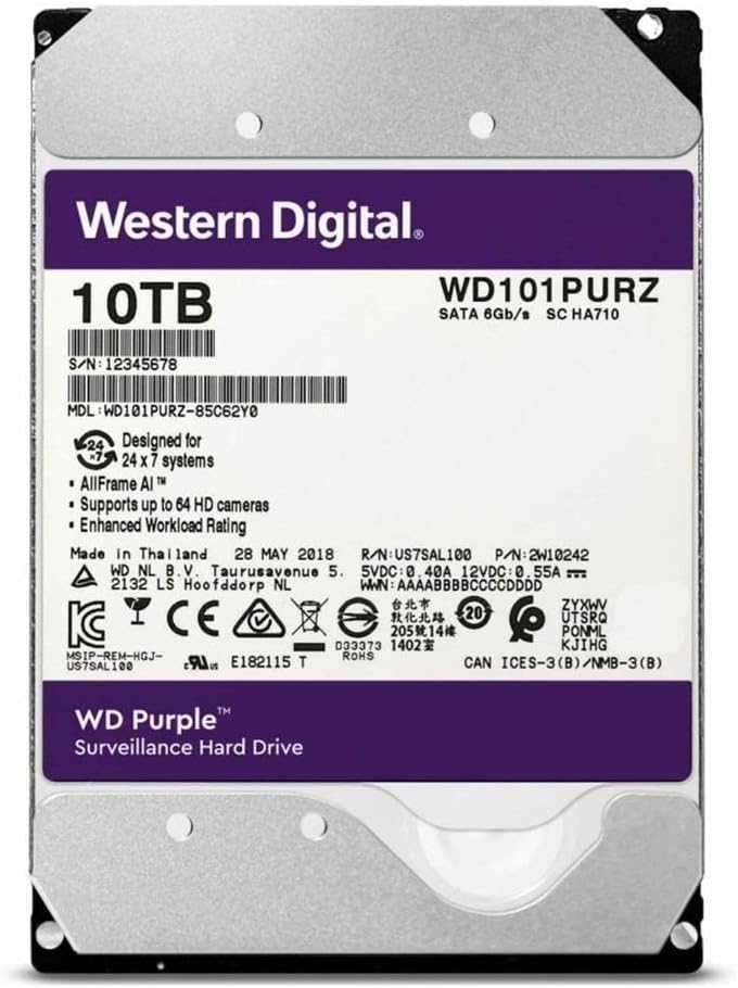 WD Purple 10TB Surveillance Hard Disk Drive - 5400 RPM Class SATA 6 Gb/s 256MB Cache 3.5 - WD100PURZ