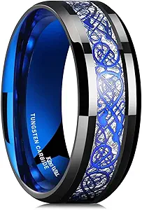 King Will DRAGON Men Tungsten Carbide Ring 8mm Silver/Blue/Black Celtic Dragon Wedding Band Polish Finish