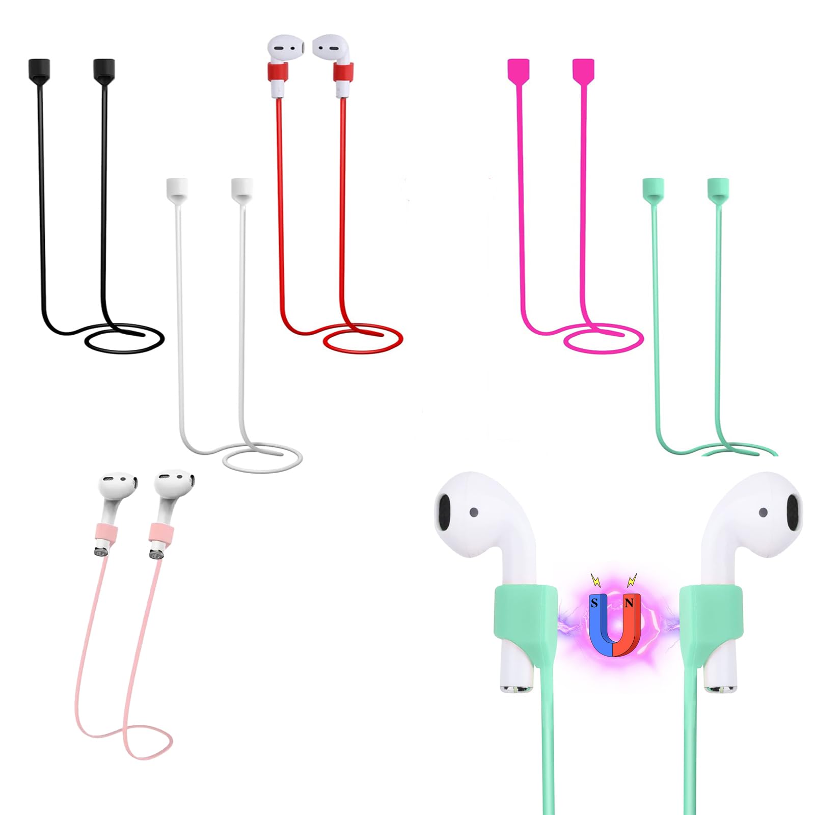 6pcs AirPods Pro Lanyard, Compatible with AirPods Pro/3/2/1, Colourful Sports Earbuds Cord Magnetic Anti Loss Accessory, Wireless Headphones Neck Running Soft Lanyard,Silicone Cable.