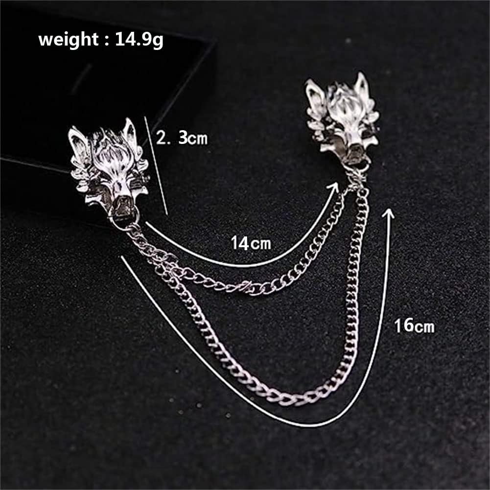 Punk Wolf Pin Brooch for Men's Suits - Silver Chain Tassel Buckle Neckwear Accessory