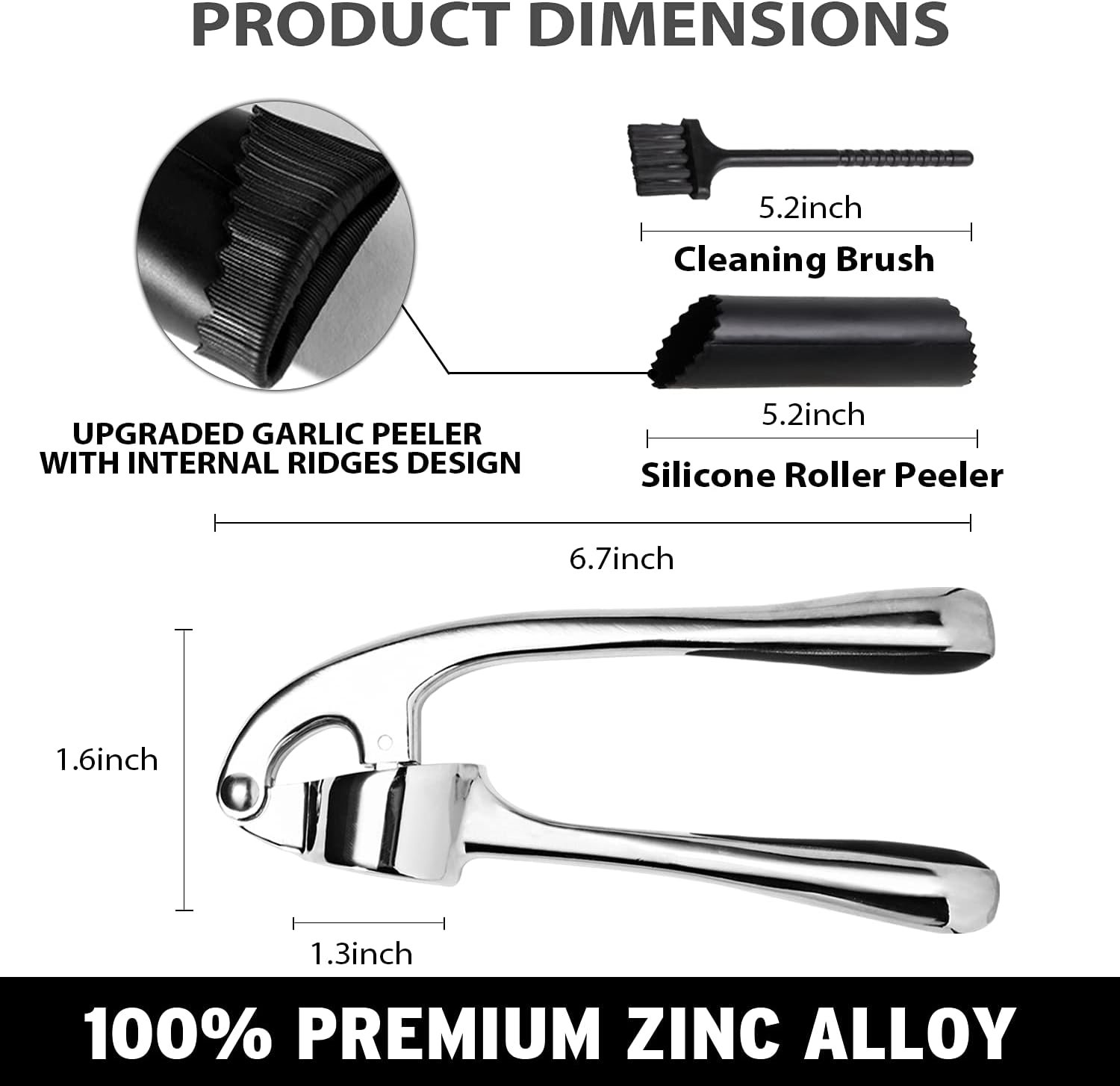 Premium Garlic Press, Garlic Mincer Set with Silicone Roller Peeler & Cleaning Brush - Gloss Silver: Home & Kitchen