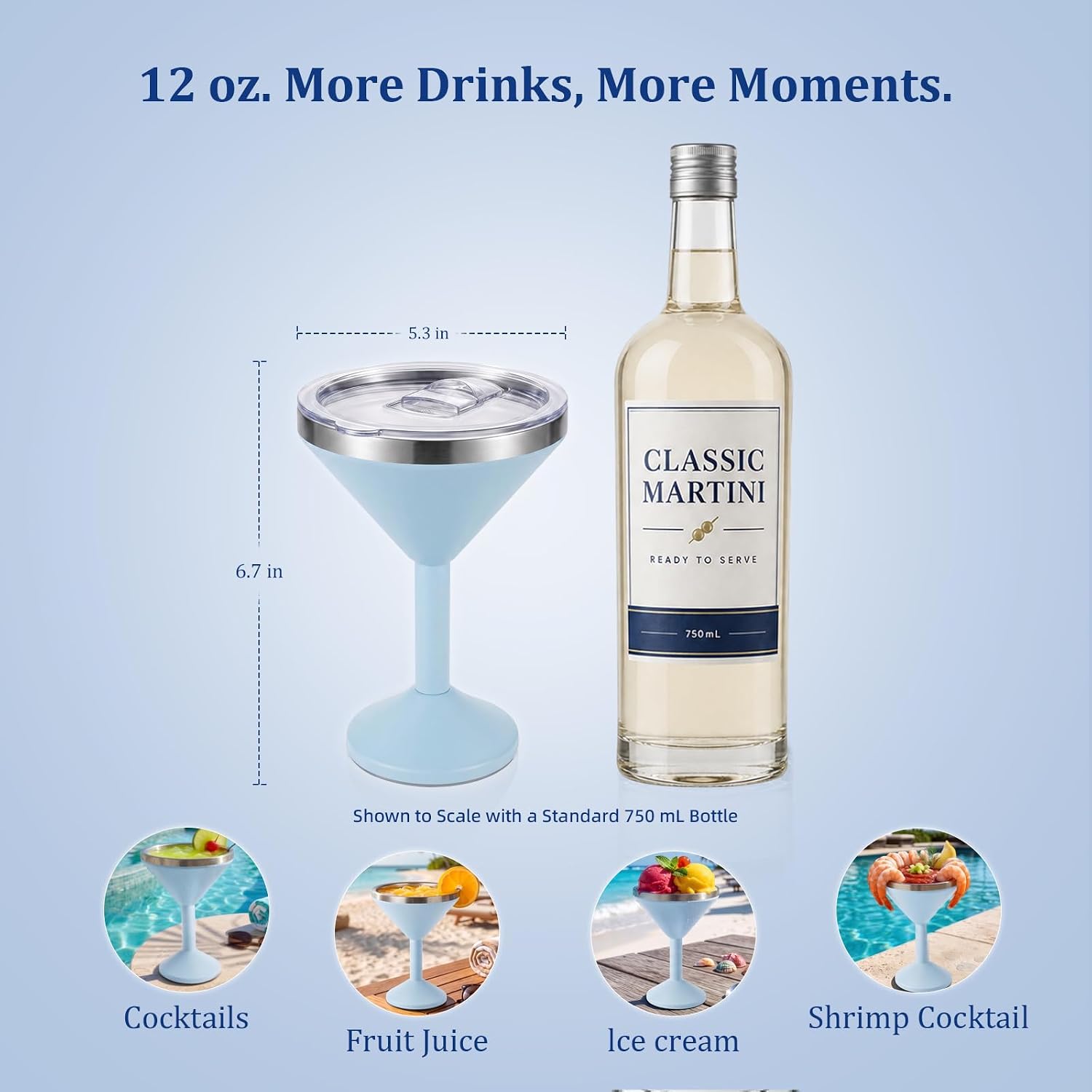 Daximo 12 oz Double-Wall Vacuum Insulated Martini Tumbler – Stainless Steel Martini Glasses with Lid and Non-slip Base – Elegant Large Martini Cups for Perfectly Chilled Drinks，Light Blue image 4