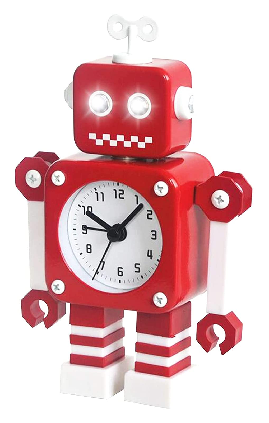 TXXMM Diskary Robot Alarm Clock,Stainless Metal Non-Ticking Wake-up Clock with Flashing Eye Lights and Rotating Arm,Gift to Children (Red White) (Color : Red White)