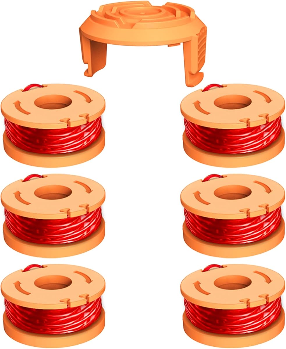 Replacement Trimmer Spools Compatible with Worx String Trimmer, 0.065in WA0010 Weed Eater Refils and WA6531 Spool Cap Cover Fit for Worx Weed Eater (6 Spools+1Cap)