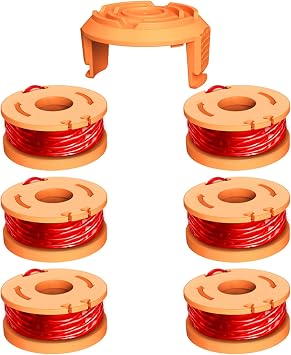 Replacement Trimmer Spools Compatible with Worx Weed Eater, 0.065in WA0010 Weed Wacker Refils and WA6531 Spool Cap Cover 6 Spools+1 Cap