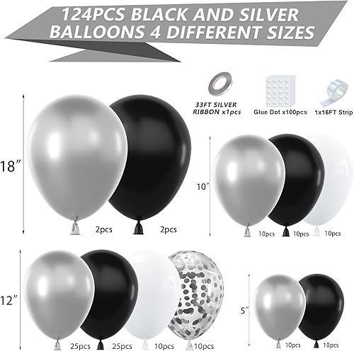 Miniatura 2 de YAOWKY Kit de arco de guirnalda de globos negros y plateados, 124 globos de látex de confeti de 18, 12, 10, 5 pulgadas, color negro, blanco y