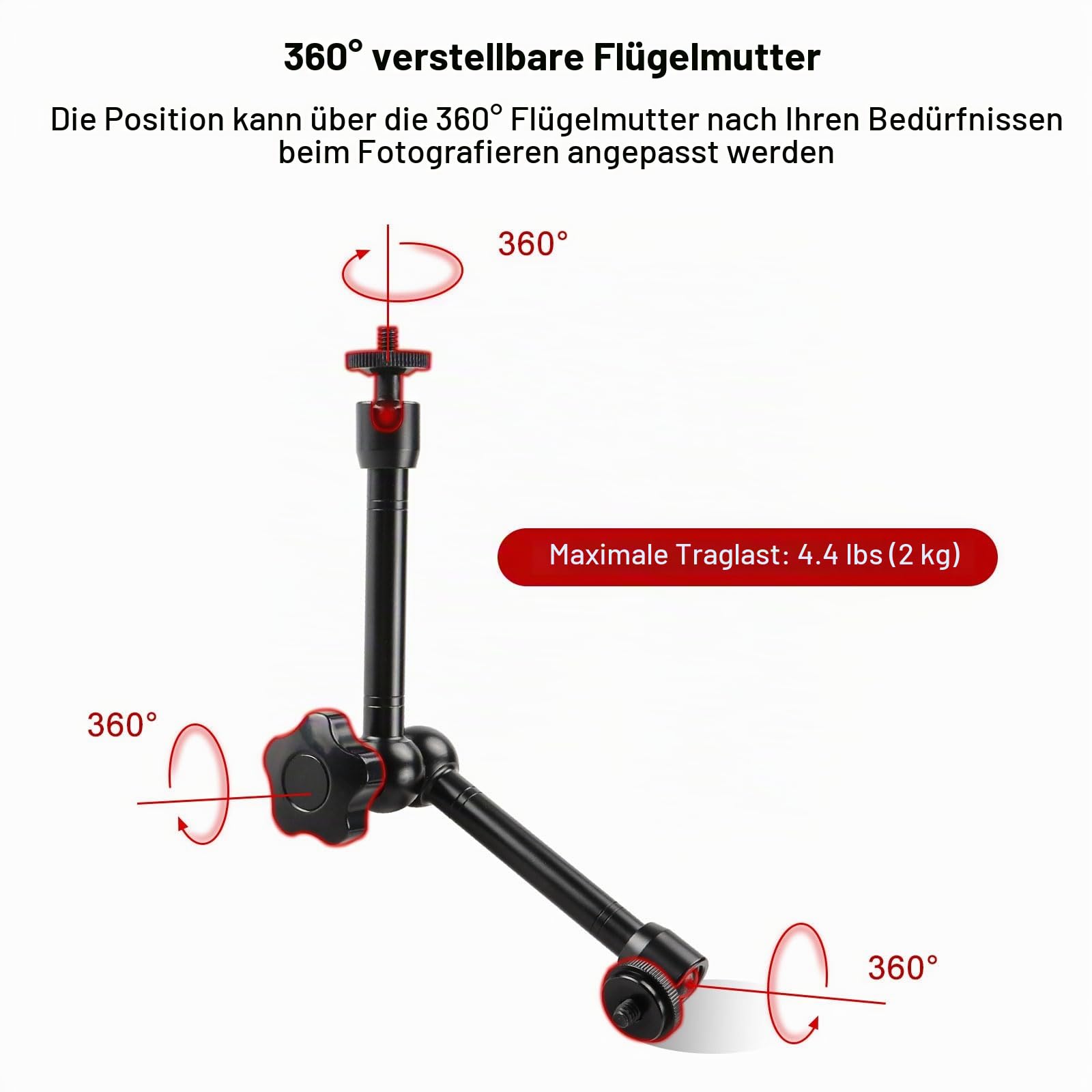 11 Zoll Verstellbarer Magic Arm mit Superklemme, 360° Kugelköpfe, Gelenkiger Magic Arm mit 1/4" und 3/8" Gewindebohrungen für Stativ, Monitor, Kamera