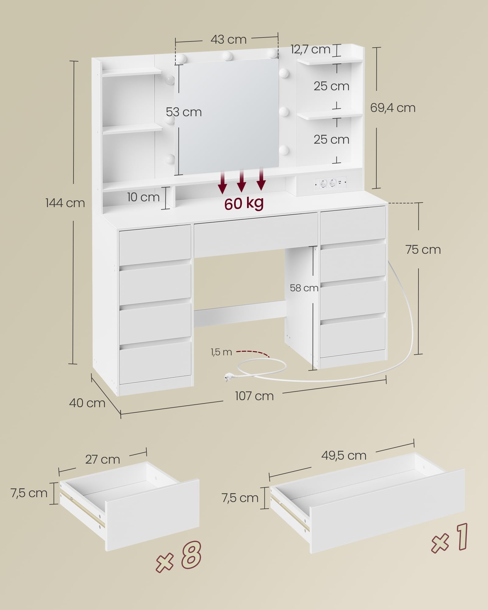 VASAGLE Kailyn Collection - Coiffeuse avec Miroir LED, Multiprise, 9 Tiroirs, 9 Ampoules, Rangement Bijoux, Éclairage 3 Couleurs, Installation des Rails sans Outils, Blanc Nuage RDT141WB02
