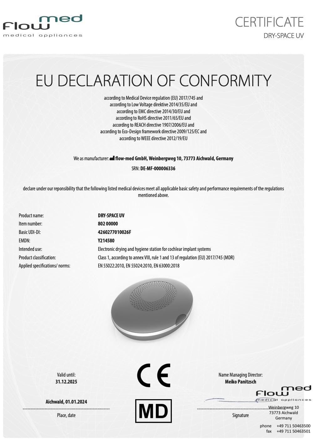 flow-med dry-space UV - Suszarka do Aparatów Słuchowych - Również do Implantów Ślimakowych i BAHA - Duża Przestrzeń Wewnętrzna - UV-C - Funkcja Automatycznego Zatrzymania - Regulacja Temperatury