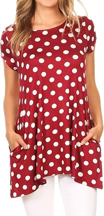FashionJOA Womens Casual Polka Dot Short Sleeve Round Neck Tunic Tops with Side Pockets