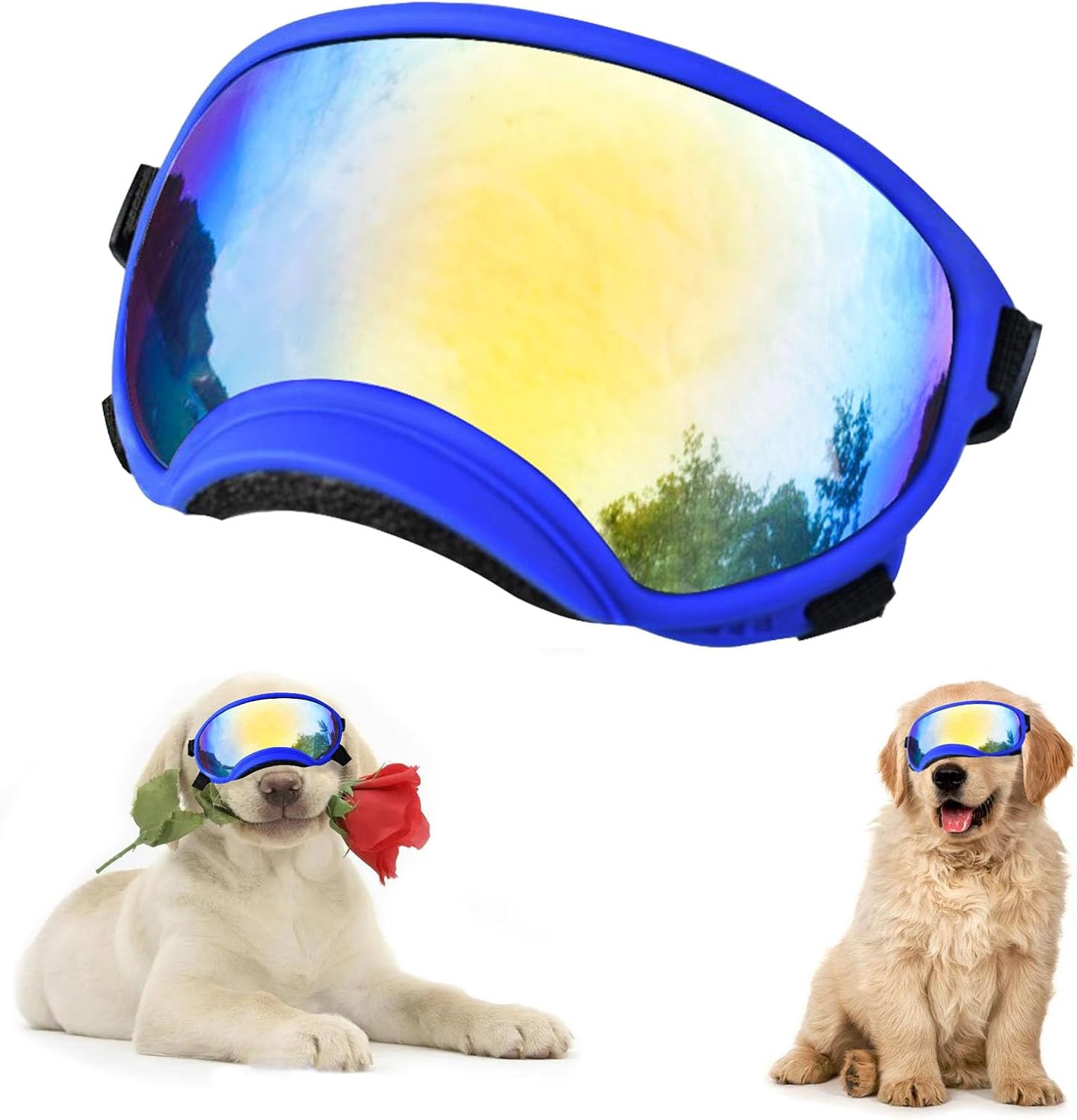 Soft Samll Dog Sunglasses Dog Goggles for Large Breed UV/Wind/Dust Protection Winproof Dog Puppy Sunglasses Pet Glasses Eye Wear with Adjustable Strap (Bule Frame & Bule Lens/Large)