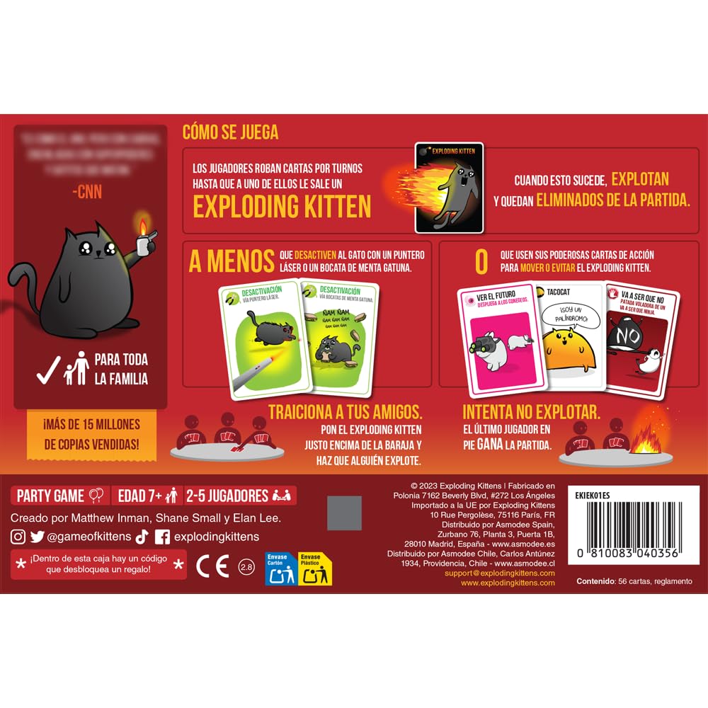 Asmodee Exploding Kittens, Juego para niños y Adultos a Partir de 7 años, Juego de Mesa estratégico y humorístico, No Hagas explotar los Gatitos, 2 a 5 Jugadores, 15 min, Español