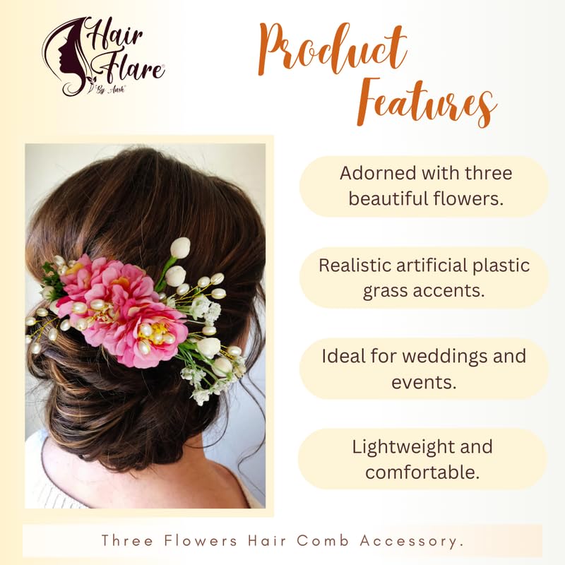 Image of Hair Flare Comb Slide for Women, Girls Artificial Flower Hair Accessories, Bridal Hair Pin for Bun, 2215 - Baby Pink
