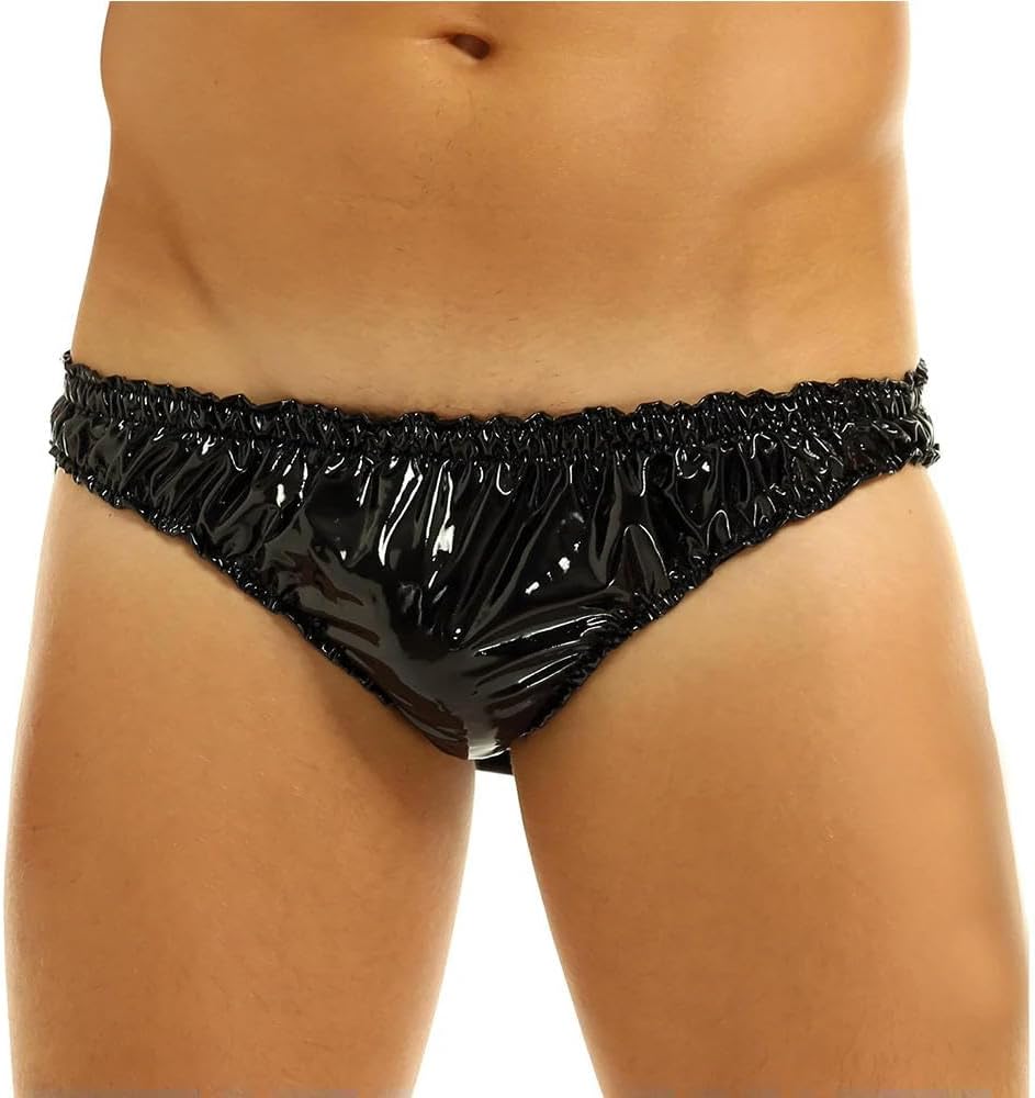 Men's Wetlook PVC Frilly Ruffled Low Rise Pouch Sissy Briefs Jockstraps for Club Nights Cosplay Costumes