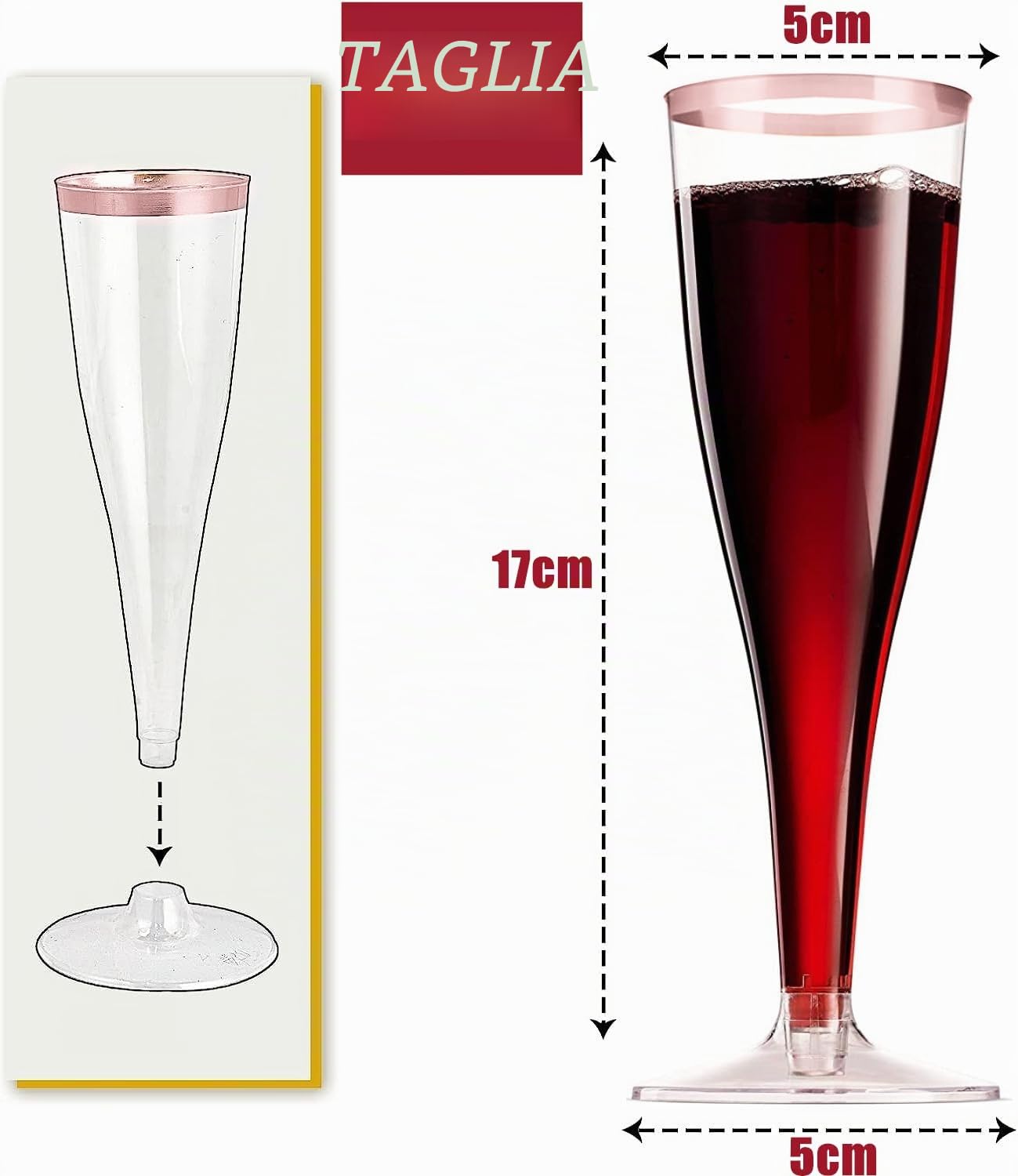 LATERN 50 Pezzi Flute da Champagne con Bordo in Oro Rosa, 150ml Bicchieri da Champagne in Plastica Bicchieri da Vino con Gambo Riutilizzabili per Anniversario Matrimonio Giardino Feste (5 x 17cm)