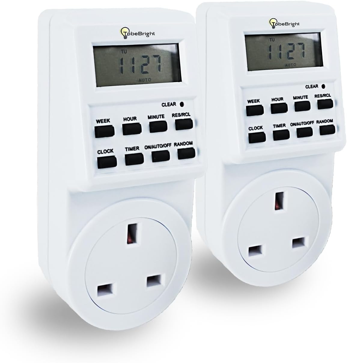 TobeBright UK Plug Digital Timer, 24 Hour/Weekly Programmable 240V Digital Plug-in Timer Socket Electric Switch Energy Saver Standard Size, 2 pcs