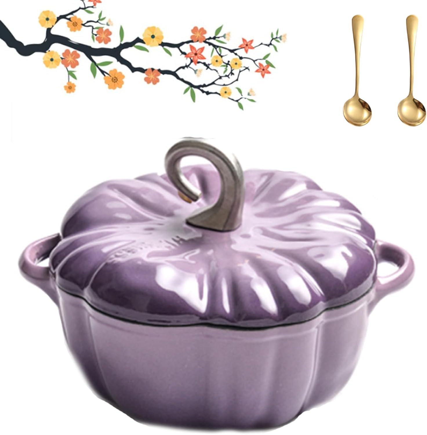 Pumpkin Dutch Oven Pot With Lid, With lid and cutlery, Enameled Cast Iron Dutch Oven, Pumpkin Cocotte, Serves 3-5, for cooking, porridge, hot milk, stewing soup, etc. (Orange)
