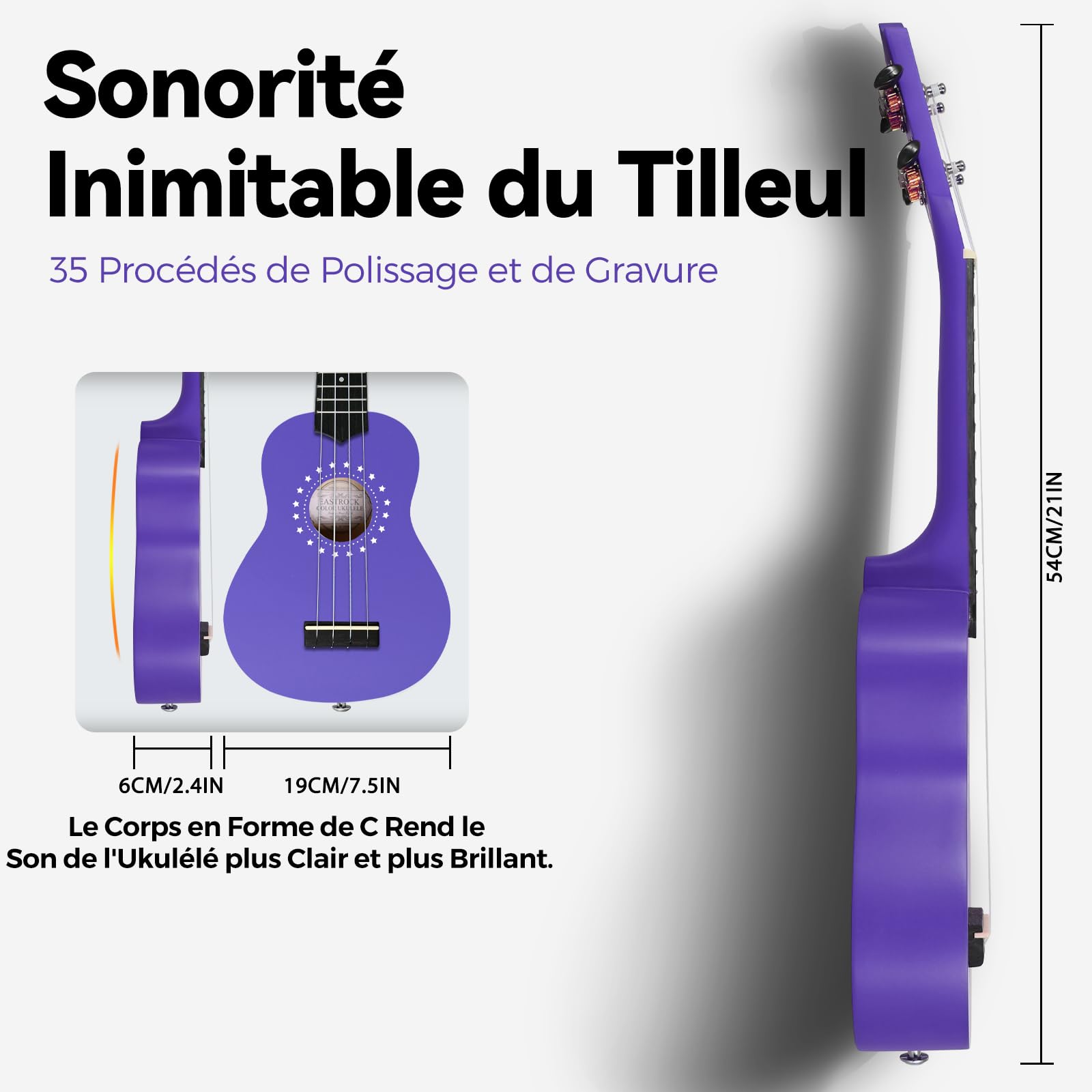 EastRock Ukulélé Soprano Débutants, Hawaïen Ukulele 21 pouces pour Adultes, Yukulele de Kit avec sac livret (Violet)