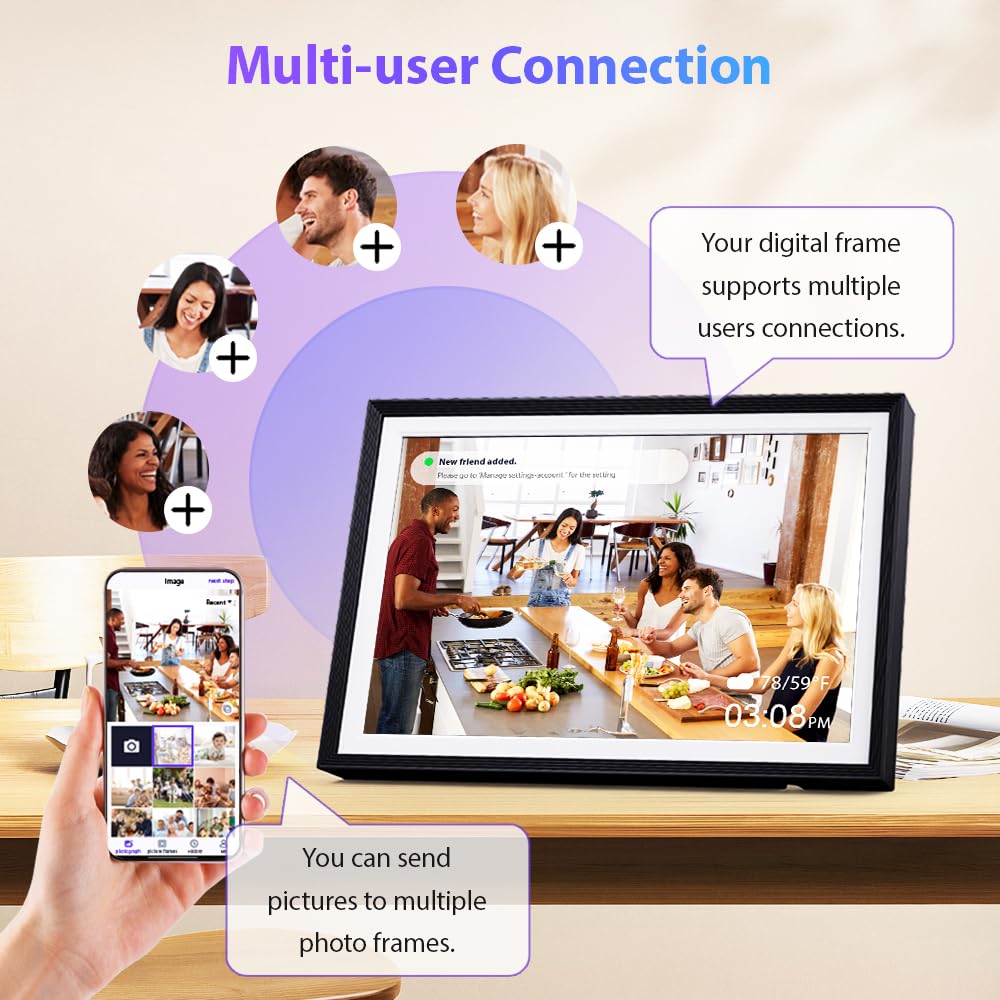 Cornice digitale 32 GB, 10,1 pollici, Wi-Fi, touchscreen, HD 1280x800 IPS, rotazione automatica, condividi le foto sempre e ovunque tramite l'app Frameo/Uhale, nero