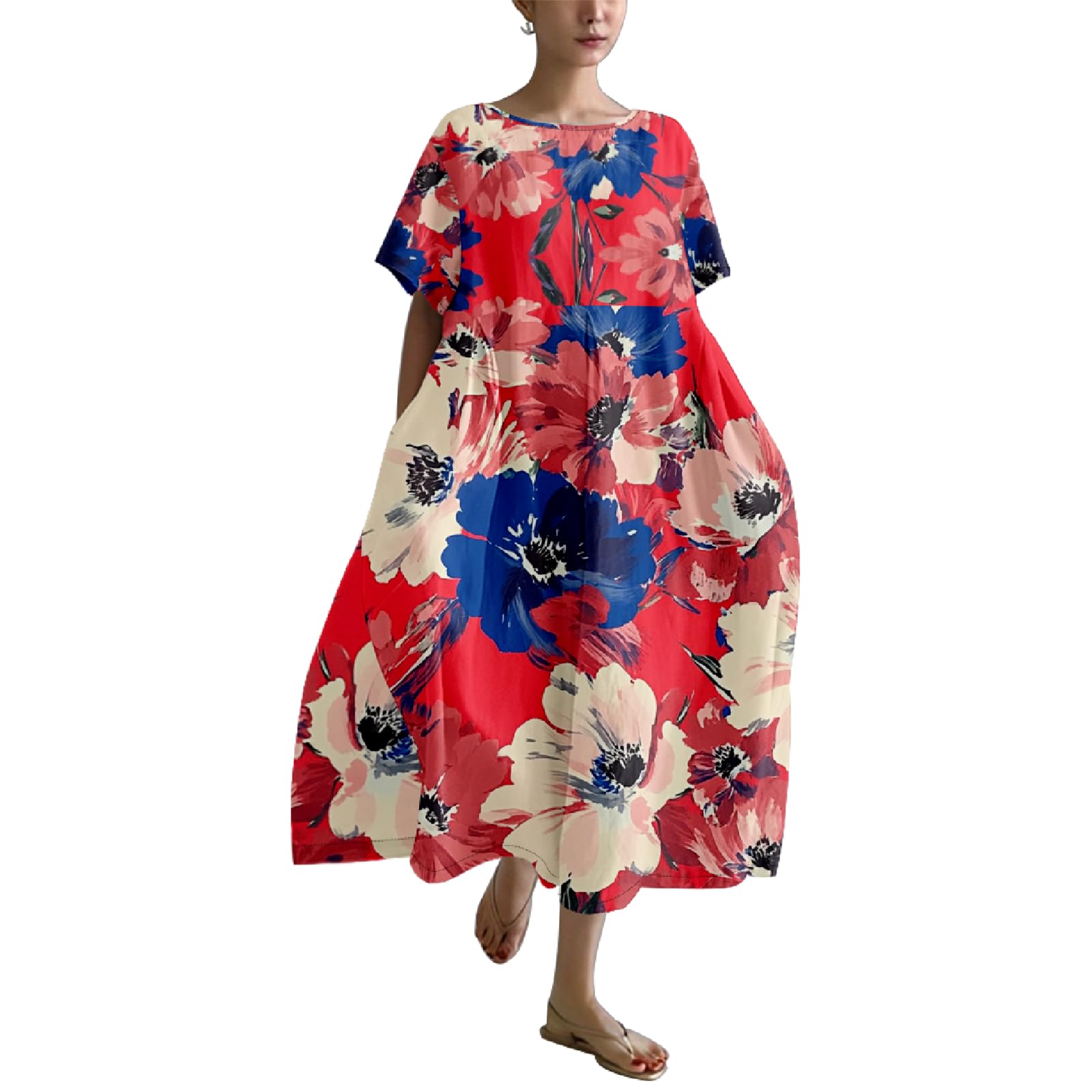 Floral Boho Dress for Women Ruffle Midi Dress Short Sleeve Crew Neck Maternity Dresses Loose Summer Dresses with