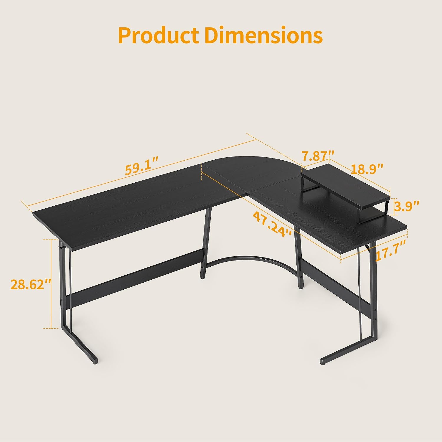 Detailed product dimensions of the CubiCubi L-Shaped Desk