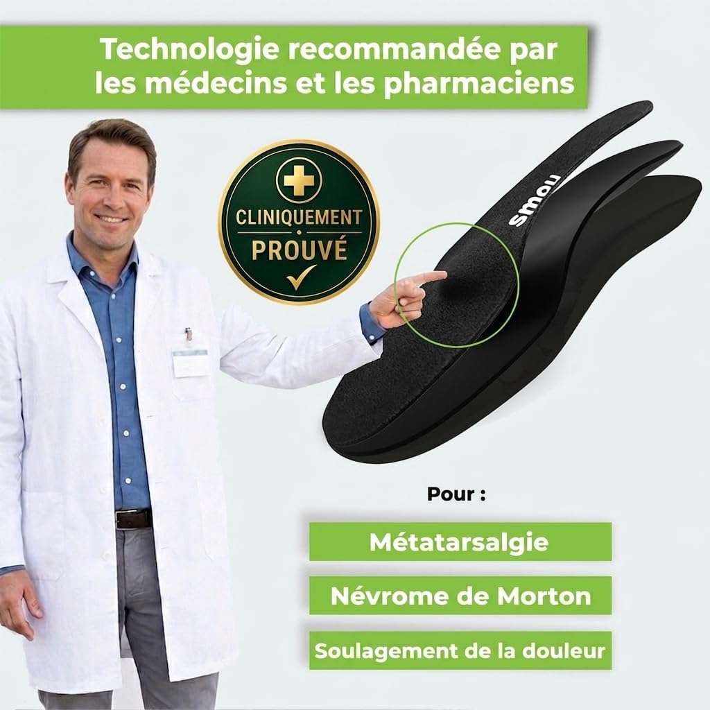 Semelles orthopédiques SMOU Meta – Métatarsalgie et névrome de Morton – Coussinet métatarsien, mousse à mémoire – Amorti, confort et soulagement de l’avant-pied – Homme et Femme