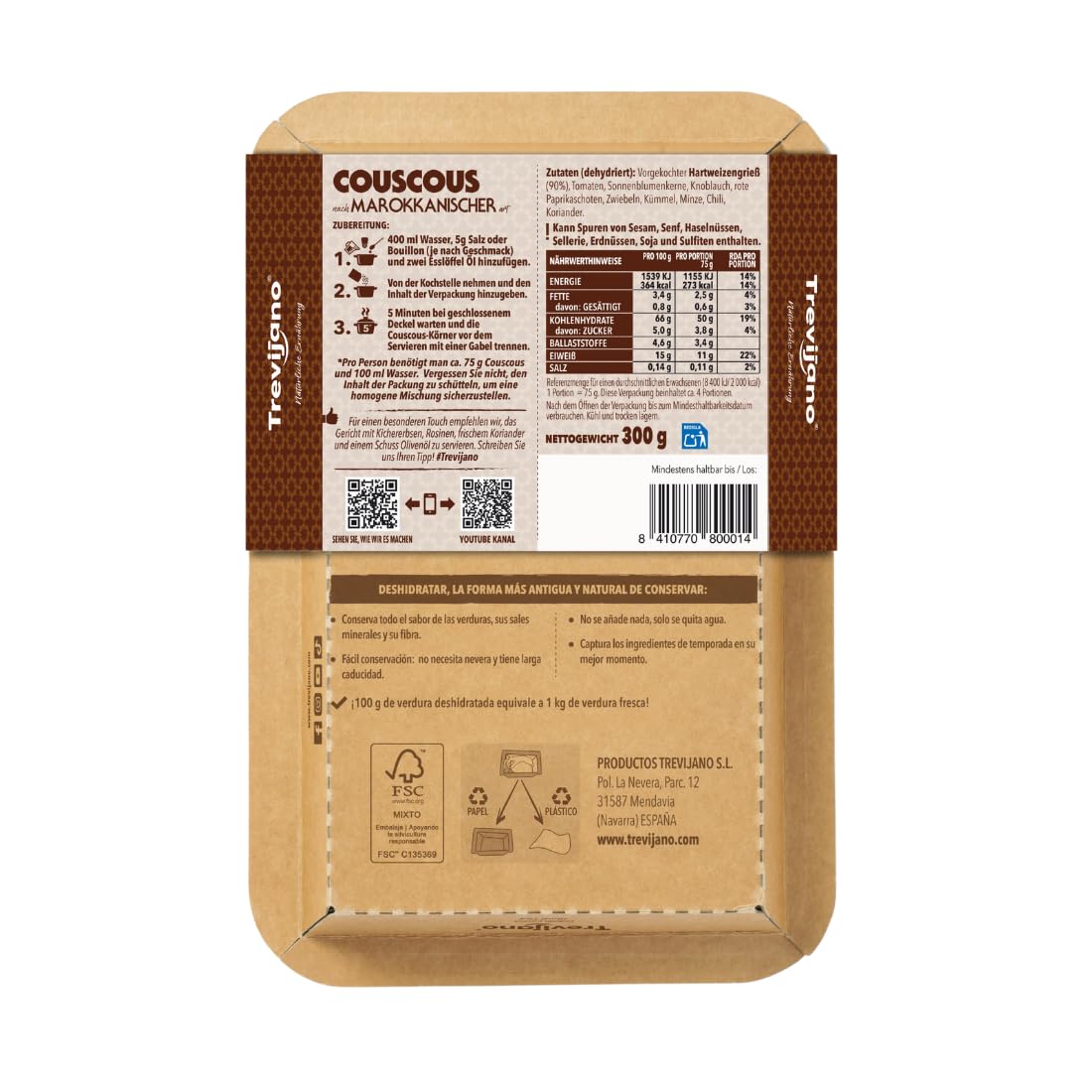 Trevijano Cous Cous Marocain: 6 barquettes de 300g chacune. Sans additifs ni conservateurs: Cous cous, tomate séchée, graines de tournesol, ail, poivron rouge, oignon, cumin, menthe, piment, coriandre