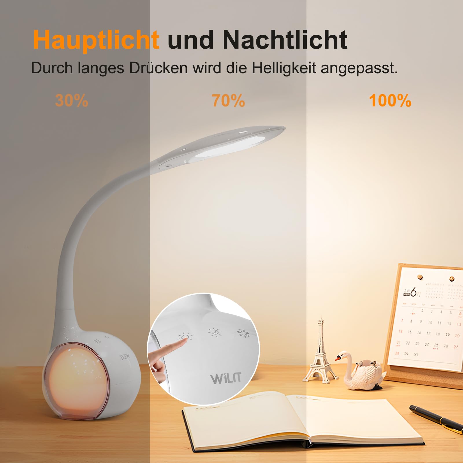 WILIT T3 Lampada da Scrivania Bambini, Lampada da Tavolo LED Regolabile con Luce Notturna Multicolore RGB, 3 Livelli di Luminosità, Lampada da Lettura con Controllo Tattile, Bianca