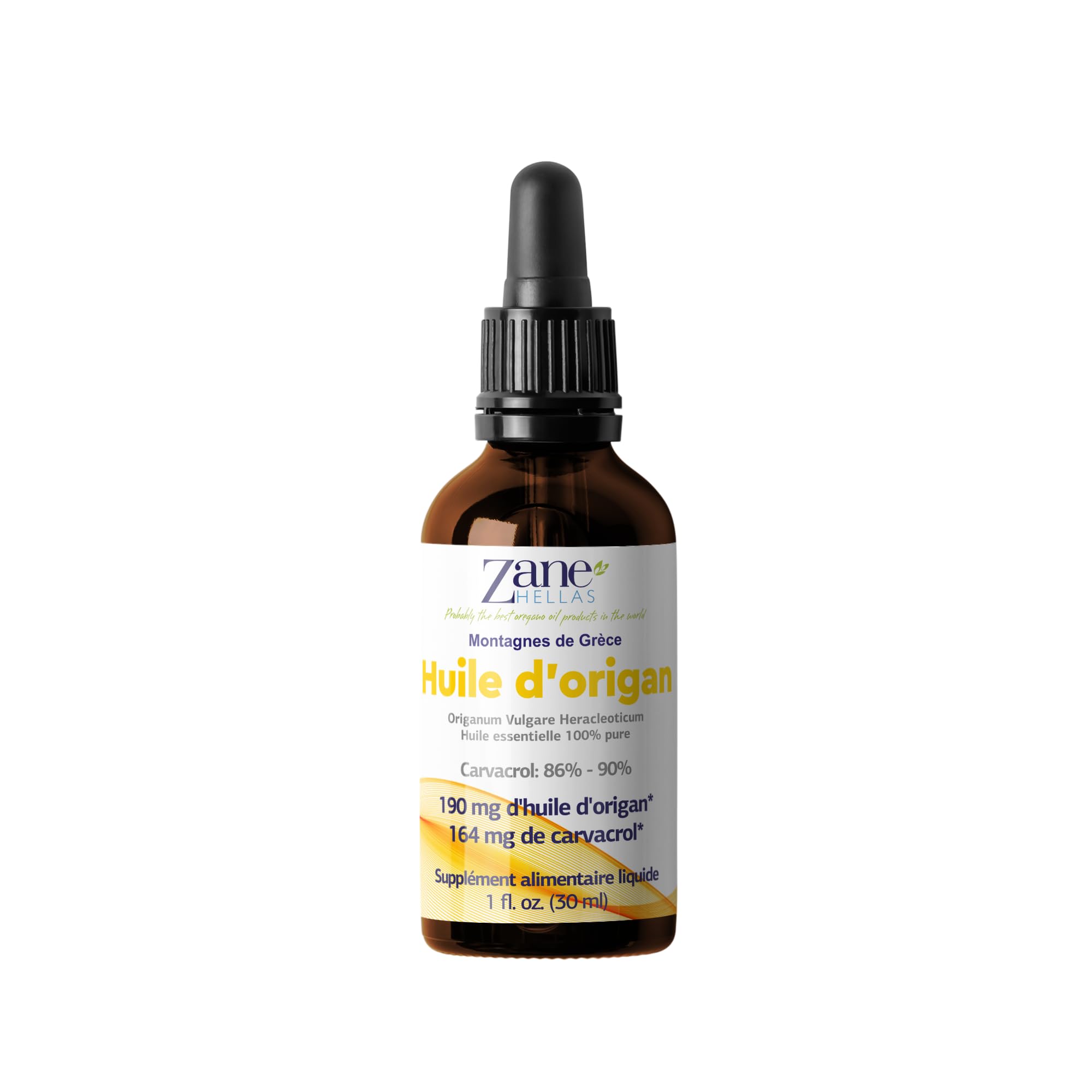 Zane Hellas 100% huile d'origan non diluée.Huile Essentielle Grecque Pure d'Origan.86% Min Carvacrol.164 mg de carvacrol par portion.Probablement la meilleure huile d'origan au monde.1 oz-30ml