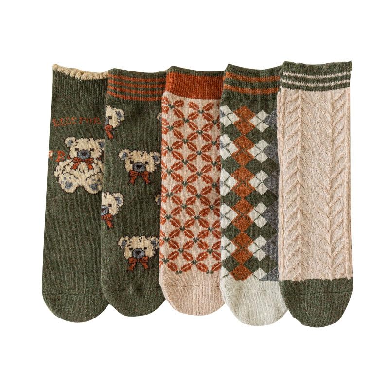 Image of 5 /10 Pairs Wool Socks for Women Thick Knit Cozy Vintage Cute Animal Floral Crew Socks