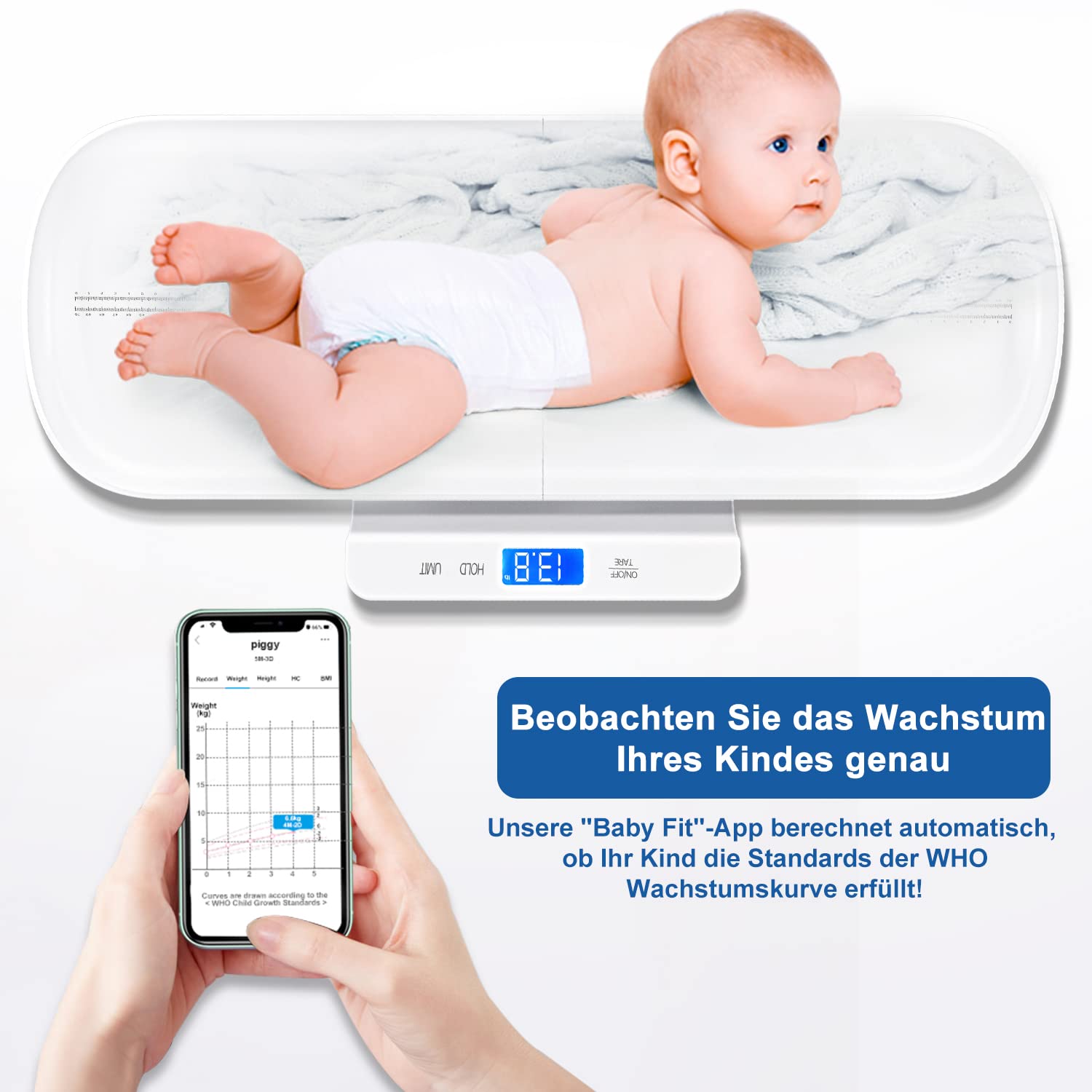 UNICHERRY Bluetooth Babywaage, Tierwaage, Multifunktionale baby waage mit herausnehmbarem Tablett, Babywaage digital mit Tara- und Haltefunktion, kostenlose App und Batterien (max: 100 kg)