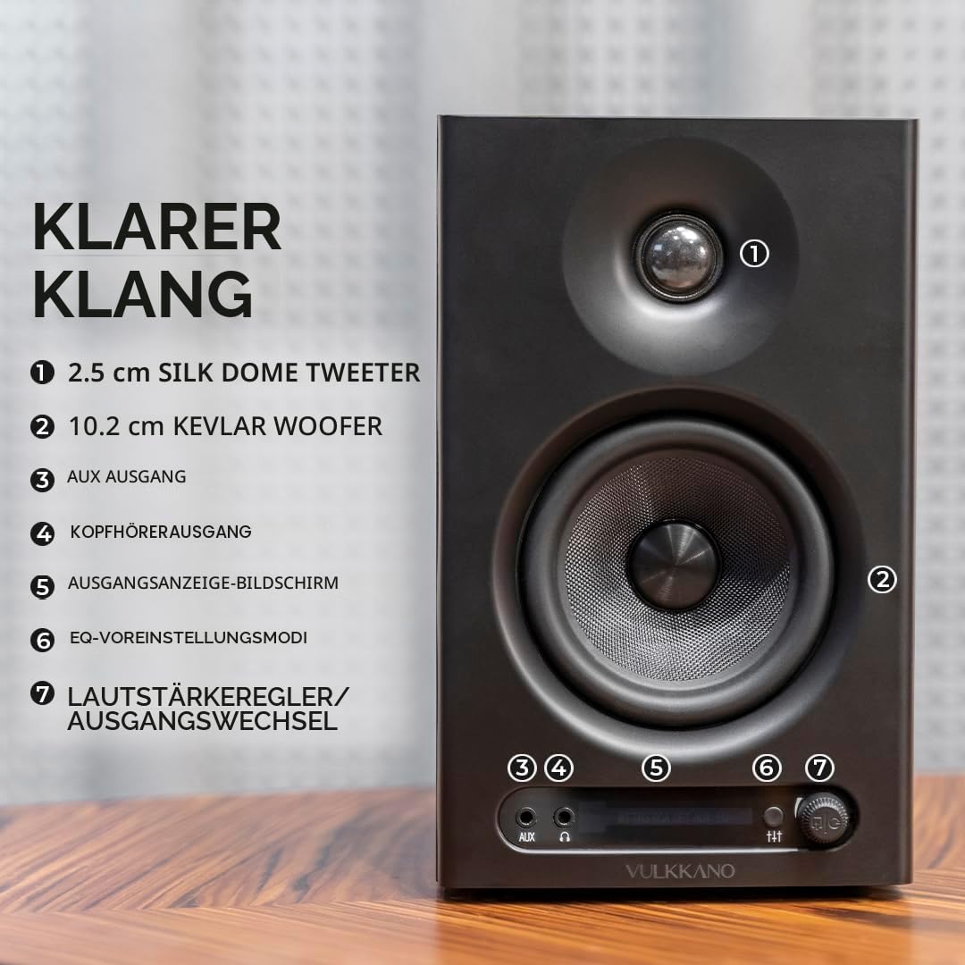 VULKKANO PRO4 Studio Monitore mit 4" Woofer, Bluetooth, Symmetrischem TRS-Eingang, RCA, Kopfhörerausgang, AUX, Optischem, EQ-Einstellungen, Lautsprecher für Monitor