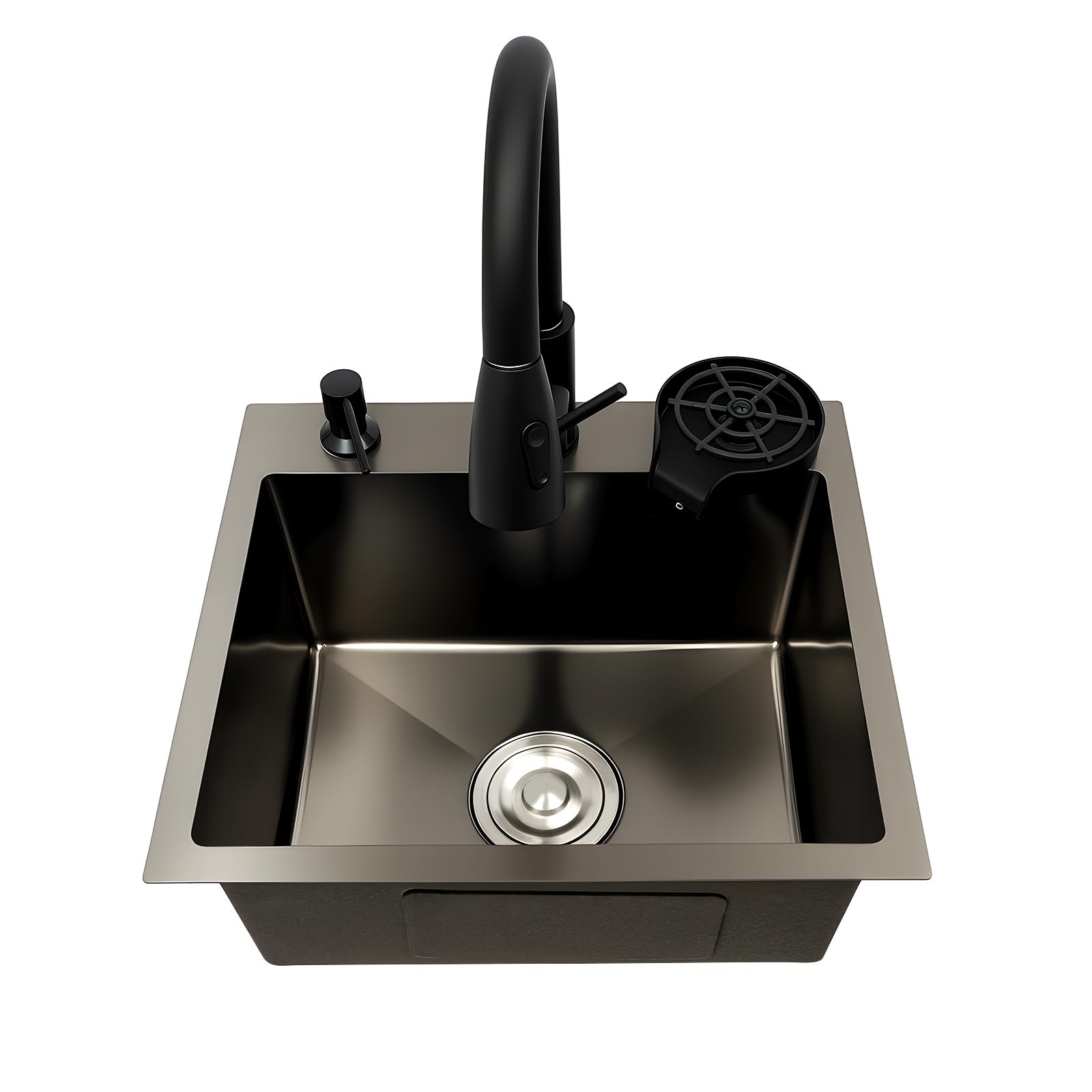 Fregadero de granito de acero inoxidable, 45 x 40 cm, color negro, juego completo con grifo, escurridor, dispensador de jabón y lavavajillas para tazas, fregadero empotrable para armarios bajos a