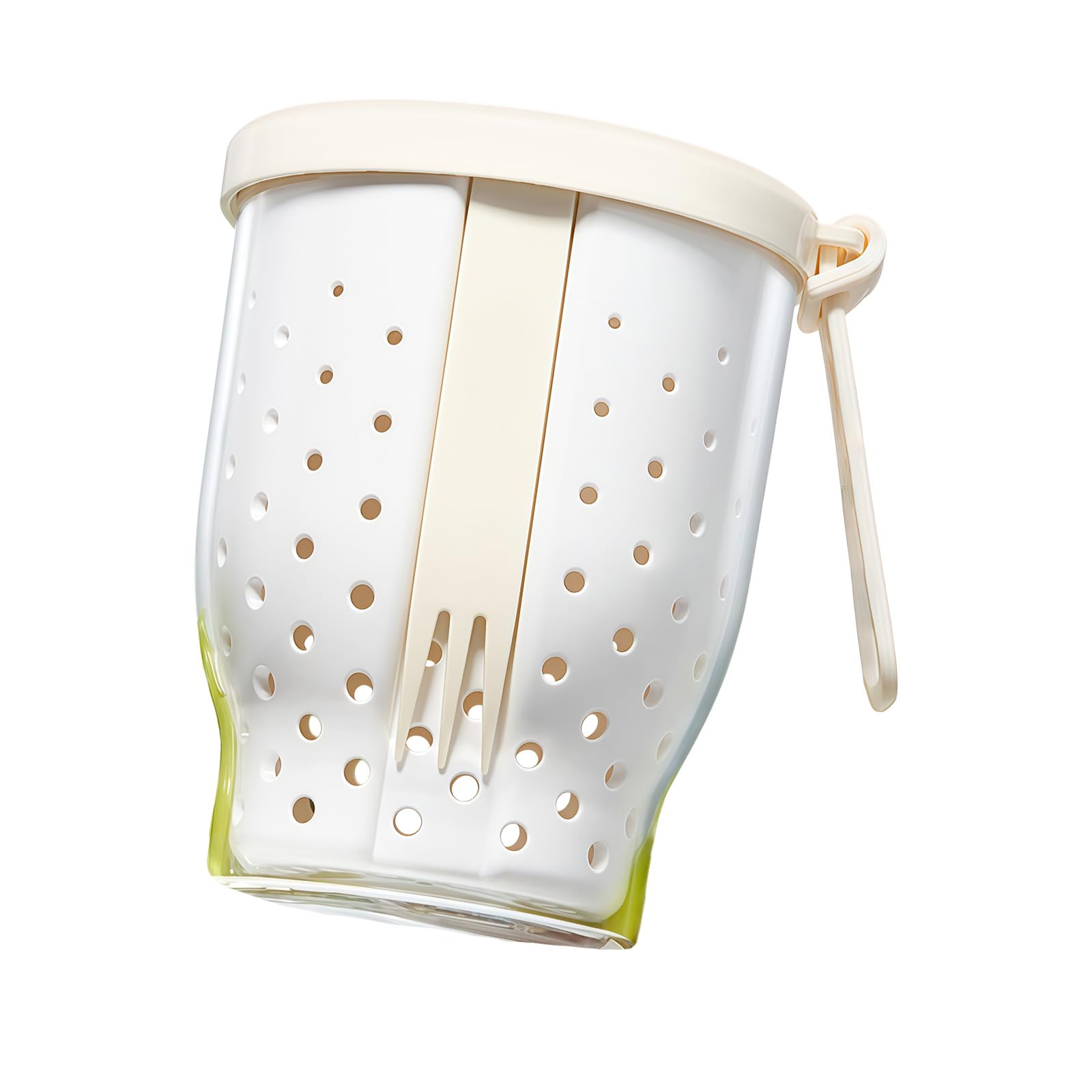 hogtnd Plastic Fruit Cup with Removable Strainer and Fork, Leak-proof Lid, Space Saving Food Container for Travel, Outdoor, Portable Strainer Cup with Silicone Handle