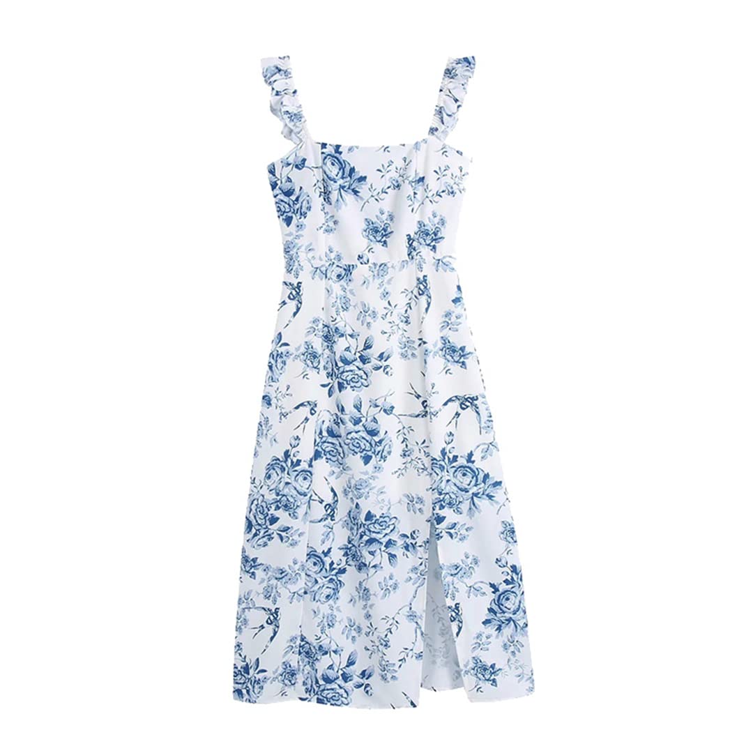 Women Fashion Floral Print Front Slit Midi Dress Vintage Back Elastic Ruffled Straps Female Dresses