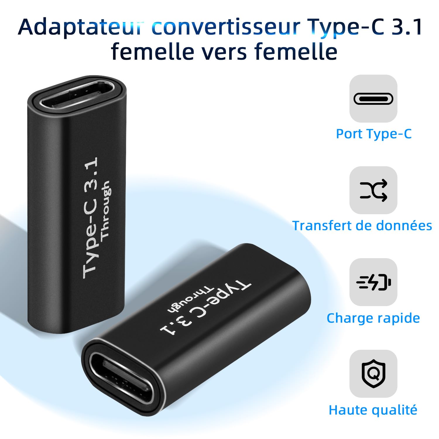 Adaptateur USB C femelle vers femelle 2Pcs USB 3.1 10Gbps 4K Charge Rapide Transfert Données