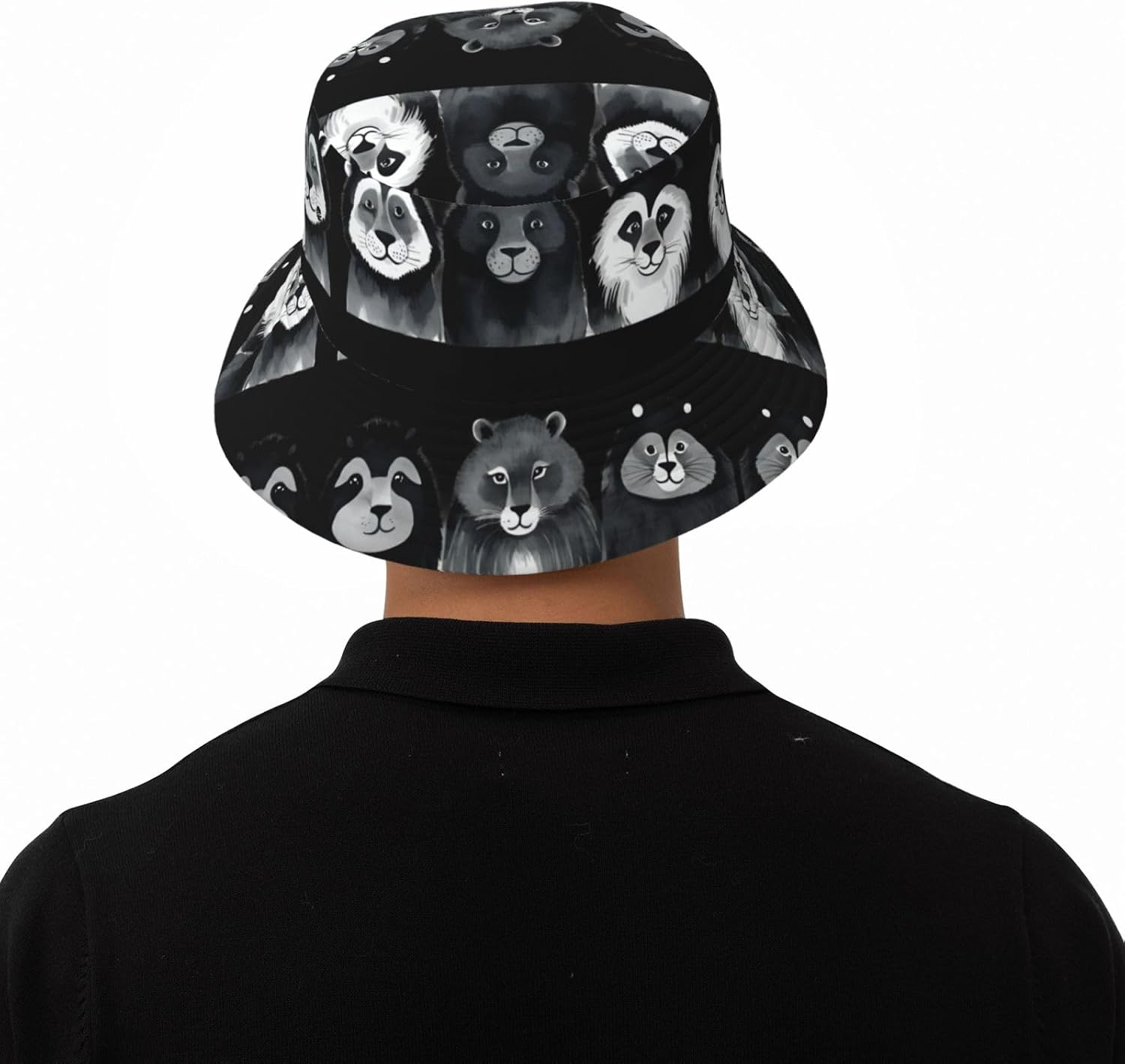 Six Ink-wash Animals Prints Summer Outdoor Travel Bucket hat, a Beach Sun hat Suitable for Both Men and Women Black