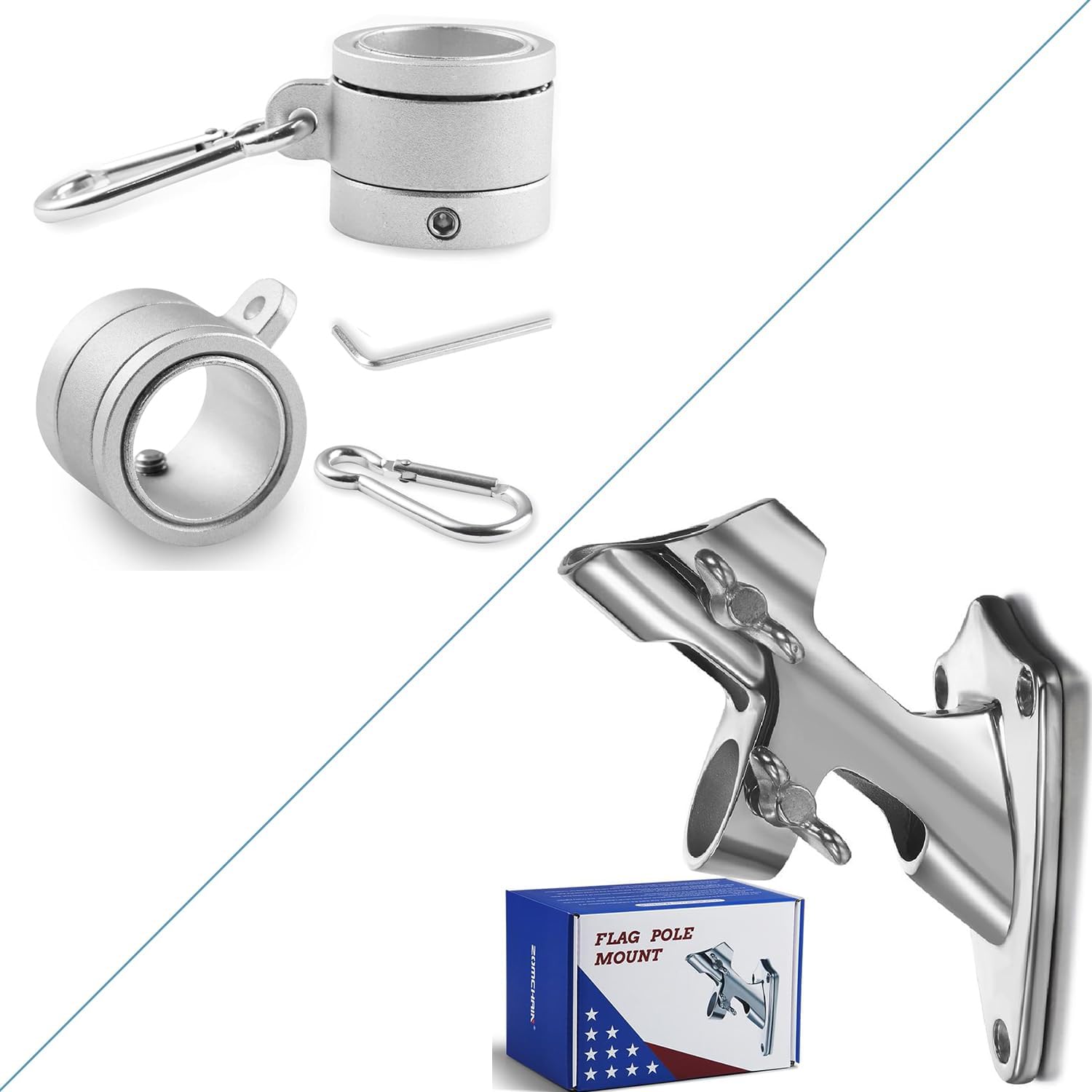316 Marine Grade Stainless Steel Flag Pole Holder Bracket with Aluminum Flag Pole Rings Rotating 360 Degree