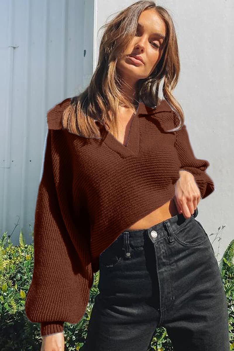 CHYRII Women Overized Puff Long Sleeve V Neck Knitted Polo Pullover Sweater Jumper Tops