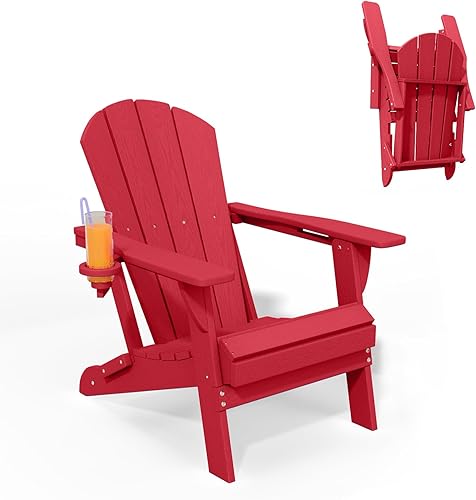 Silla plegable Adirondack de Patio Kingdom con portavasos, sillas de plástico HDPE para exteriores, resistentes al clima, aspecto de madera real