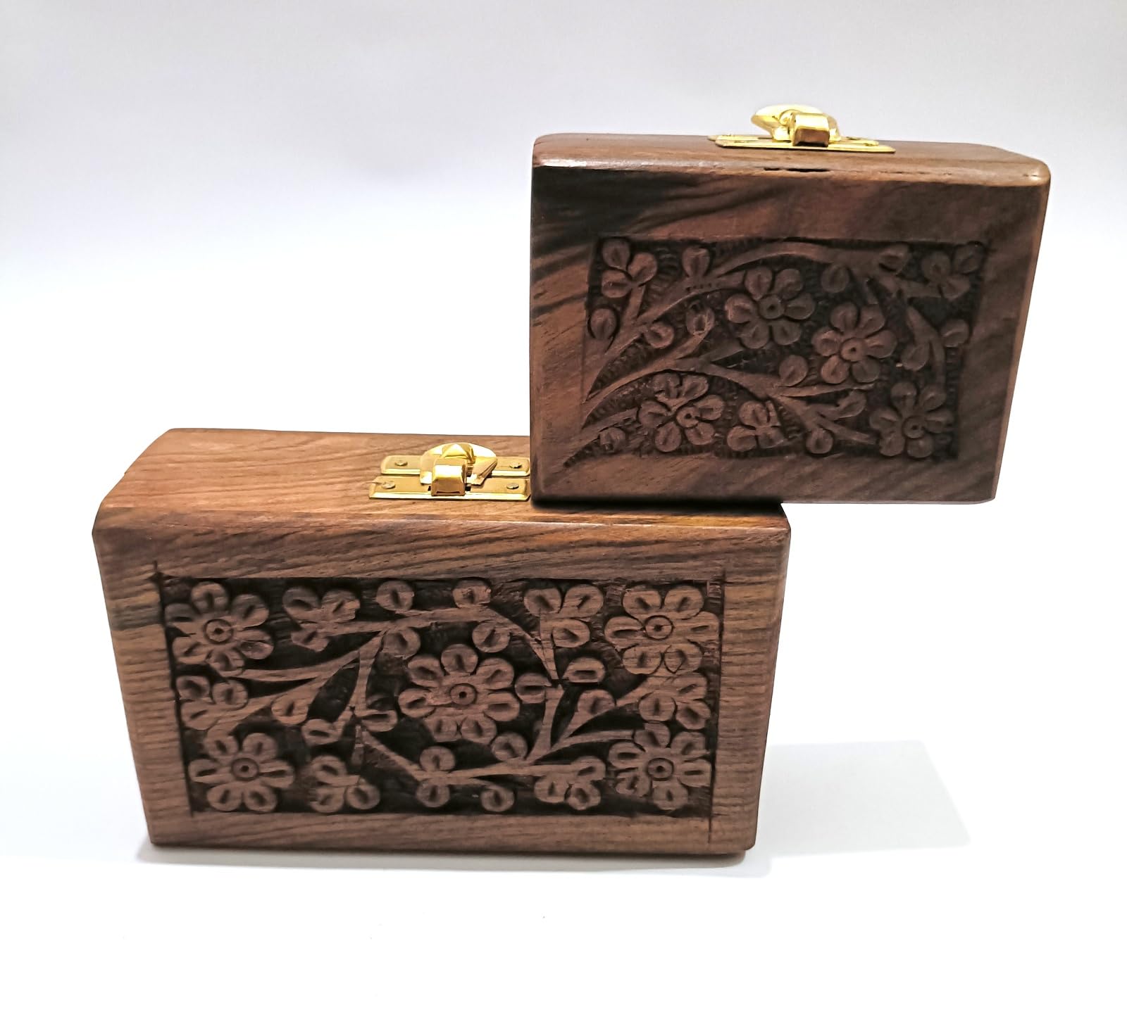 Boîte de rangement en bois sculpté main lot de 2 avec fermoir doré élégant