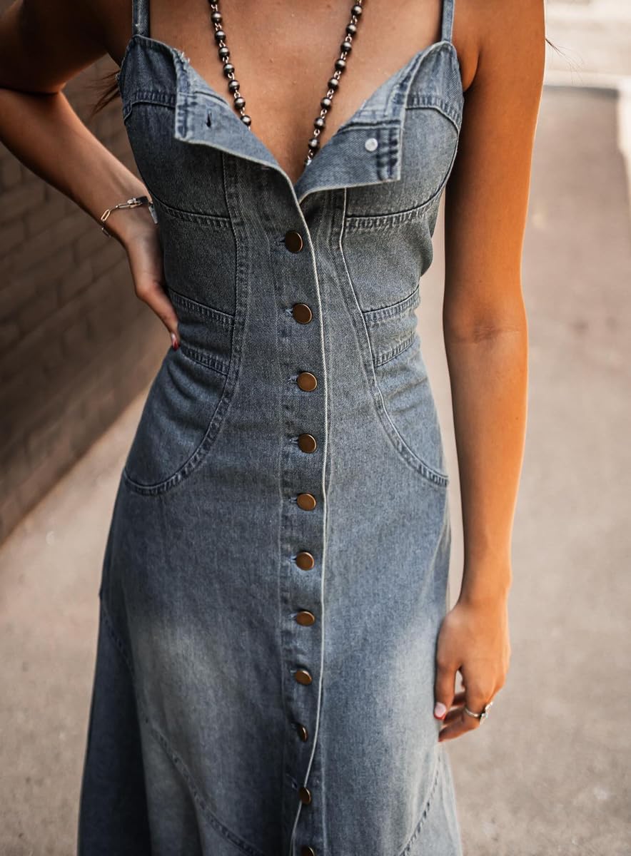 Ru Sweet Women's Spaghetti Strap Smocked Back Denim Dress Button Down A-Line Swing Flowy Maxi Jean Dress - Image 4