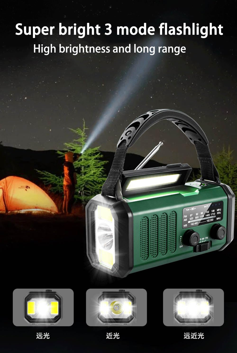 Zeerkeer Radio Linterna Solar con Manivela - 20000mAh Radio Solar de Emergencia, FM/Am Radio Portatil Pequeña con Alarma SOS, Lámpara Lectura, Powerbank USB - para Camping, Supervivencia (Verde)
