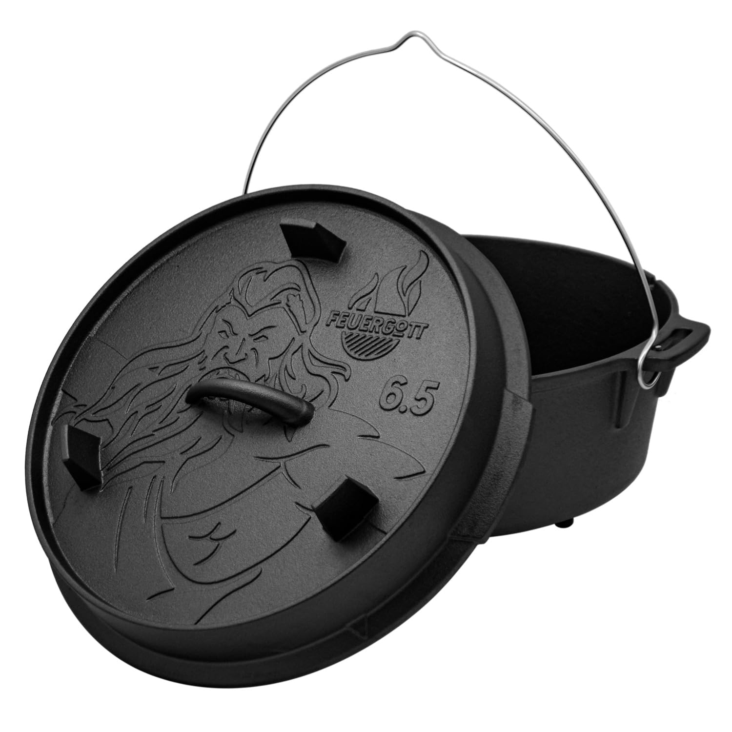 Dutch Oven Gusseisen 6,5 Liter mit Füßen – Schmortopf, Bräter mit Deckel für Grill, Lagerfeuer, BBQ – für Brotbacken, Schmoren, Braten und Kochen, ofen- und induktionsgeeignet