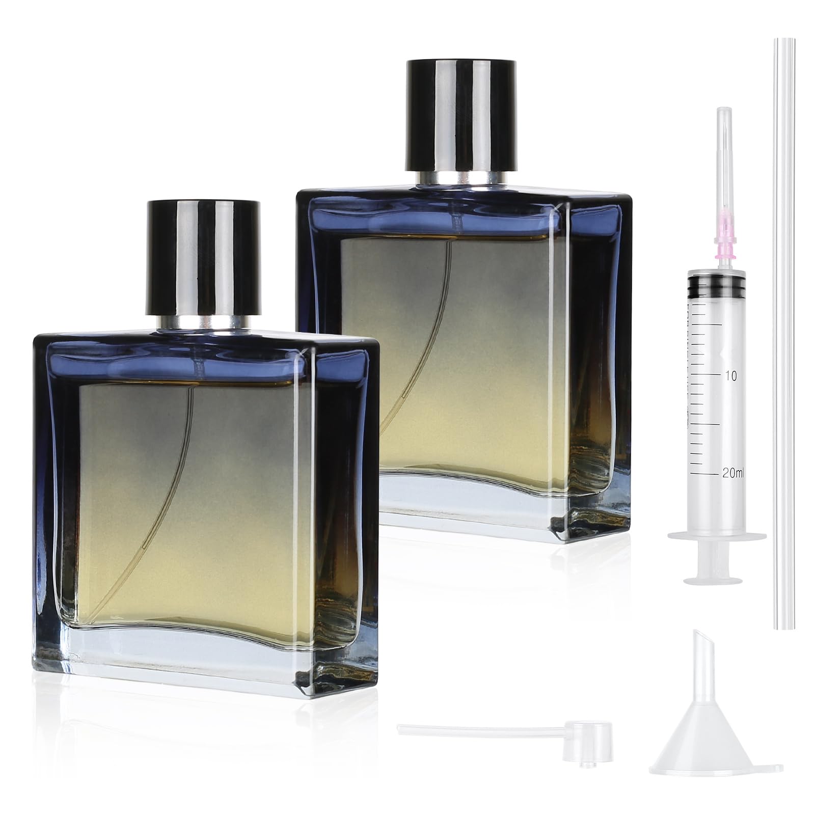MirraSwit 2 Stück 100ml Parfümzerstäuber, Gradient Blue Square Parfüm Zerstäuber für Frauen oder Mädchen, Parfum Flakon leer mit Zubehör wie Trichter, Parfumspender und Spritze für Reisen