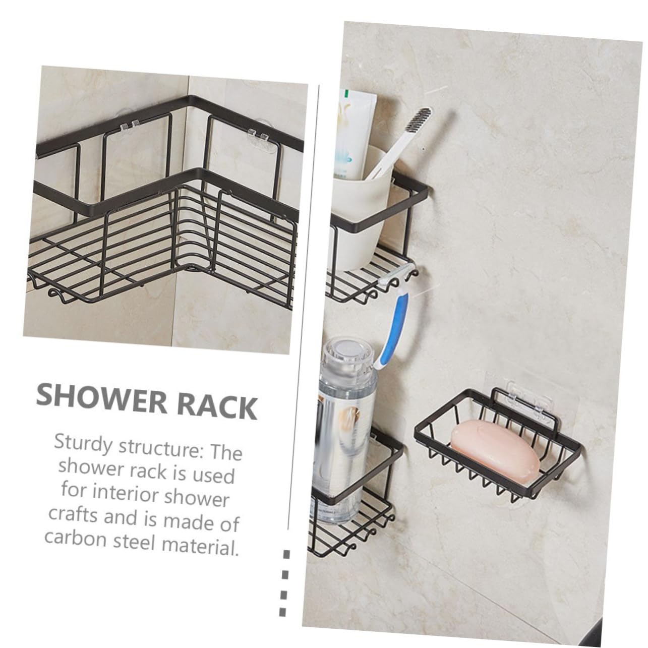 Cabilock Organizador de Ducha de Esquina Negro 1 Juego Acero al Carbono | Montaje sin Herramientas Adhesivos, Estructura en L, Almacenamiento Multipropósito para Baño
