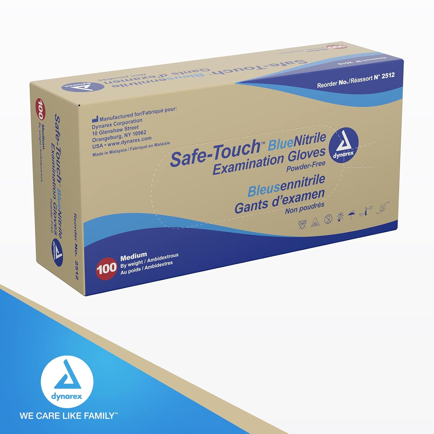 Dynarex Safe-Touch Disposable Nitrile Exam Gloves, Powder-Free, Latex-Free, Touchscreen Friendly & Used by Professionals, Blue, Medium, 1 Box of 100 Safe-Touch Disposable Nitrile Exam Gloves