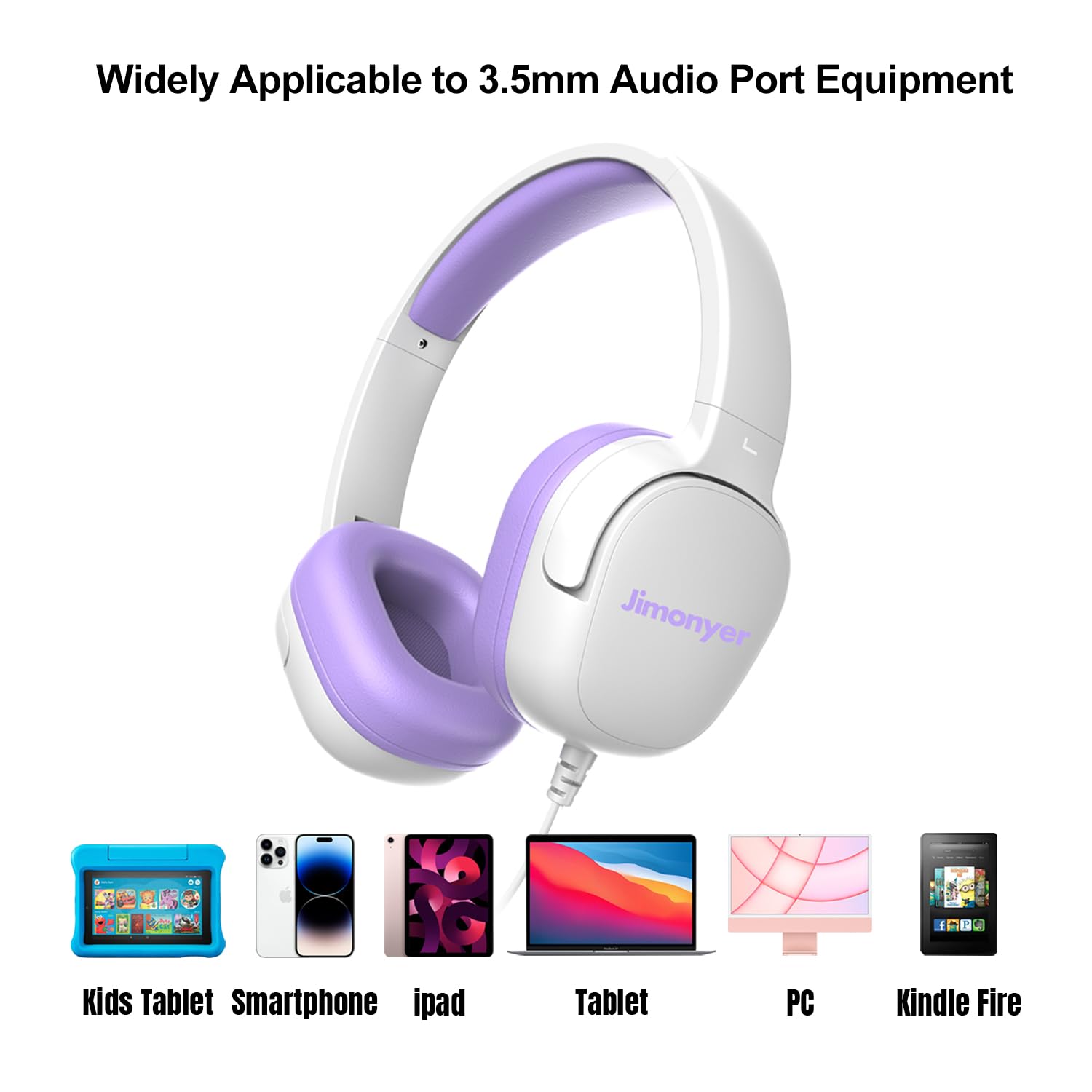 Jimonyer Auriculares para niños para la escuela, auriculares con cable jack de 3.5 mm para niños con limitador de volumen seguro, sonido estéreo HD, auriculares supraaurales para niñas, niños, para